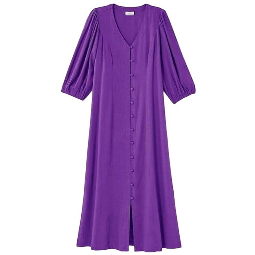 J.Jill Purple Seamed Button Front 3/4 Balloon Sleeve V Neck Midi Dress Sz S T
